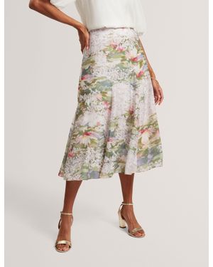 Ted Baker Layda Lilypad Print A-Line Midi Skirt - Natural