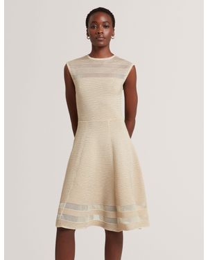 Ted Baker Saalli Metallic Knit Sheer Panel Skater Dress - Natural