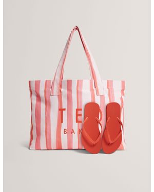 Ted Baker Octavy Striped Beach Bag & Flip Flops Set - Red