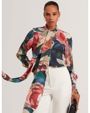 Ted Baker Araga Painted Rose Tie Neck Long Sleeve Blouse - Red