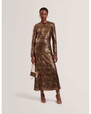 Ted Baker Jadeaa Mixed Sequin Long Sleeve Midi Dress - Natural