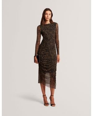 Ted Baker Maemii Printed Mesh Ruched Bodycon Midi Dress - Natural