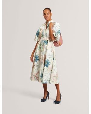 Ted Baker Breei Soft Blooms Puff Sleeve Midi Shirt Dress - Natural