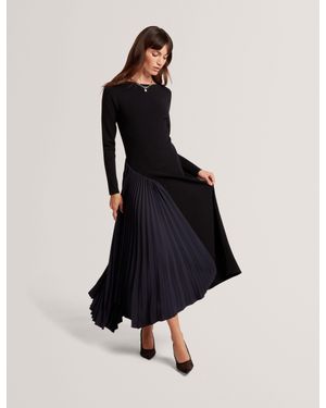 Ted Baker Belviee Pleated Panel Long Sleeve Knit Midi Dress - Black
