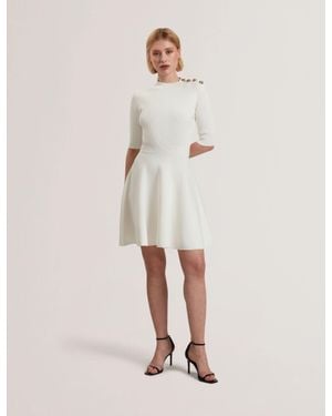 Ted Baker Lilano Ribbed Skater Dress With Rose Buttons - Natural