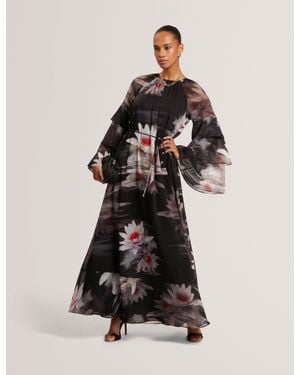 Ted Baker Moliia Lily Print Frilled Long Sleeve Maxi Dress - Black