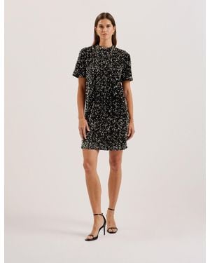 Ted Baker Sequin Mini Party Dress Short Sleeve Velvet Cocktail Dress For - Black
