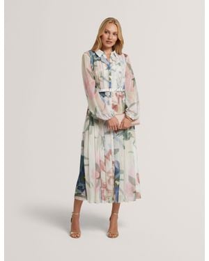 Ted Baker Arnia Soft Blooms Pleated Midi Shirt Dress - Natural