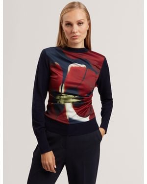 Ted Baker Mawie Printed Satin Front Fine Knit Top - Blue