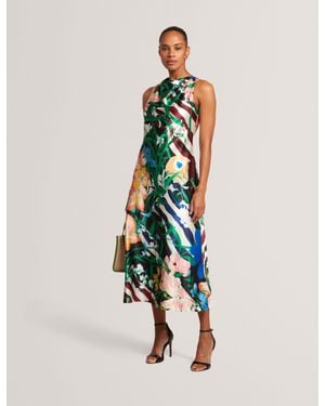 Ted Baker Ehlanor Bold Floral Satin Drape Neck Midi Dress - Blue