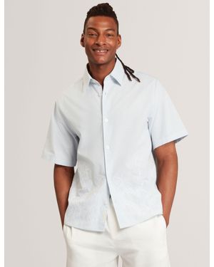 Ted Baker Josefh Embroidered Hem Pinstripe Short Sleeve Shirt - White