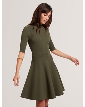 Ted Baker Lilano Ribbed Skater Dress With Rose Buttons - Green