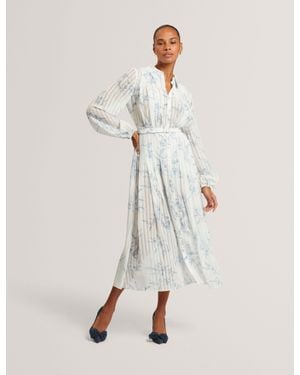 Ted Baker Bernia Sketch Floral Pleated Midi Shirt Dress - Natural