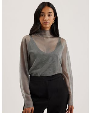 Ted Baker Taylaw Sheer Metallic Knit Funnel Neck T-Shirt For Long Sleeve Top - Grey