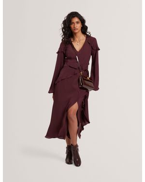 Ted Baker Frill Trim Long Sleeve Crepe Midi Dress - Purple