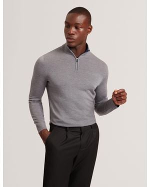 Ted Baker Clouden Merino Wool Knit Zip Neck Jumper - Grey