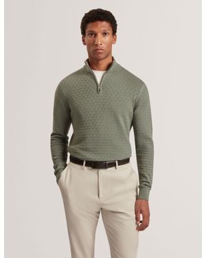 Ted Baker Jeremee Branded Texture Zip Neck Jumper - Green
