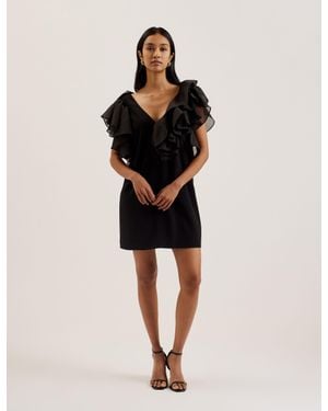 Ted Baker Mini Dress With Ruffle Trim V-Neck Short Party Cocktail Dresses For - Black