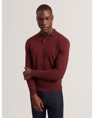Ted Baker Gaten Branded Texture Knit Long Sleeve Polo - Red
