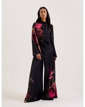 Ted Baker Floral Print Satin Wide Leg Jumpsuit With Tie Neck - White