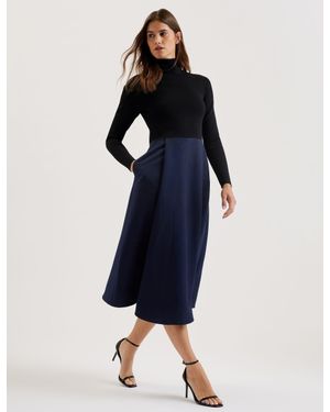 Ted Baker Long Sleeve Knit Midi Dress With Wrap Skirt A Line, Casual Party Cocktail Maxi Party Wear - Blue