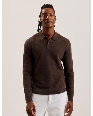 Ted Baker Long Sleeve T-Stitch Knitted Polo Shirt - Brown