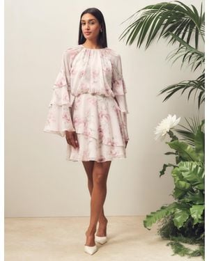 Ted Baker Mahliia Rose Print Frill Long Sleeve Mini Dress - Natural