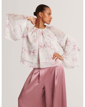Ted Baker Rizaa Rose Print Frilled Long Sleeve Top - Natural