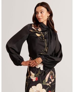 Ted Baker Ortuga Nouveau Swirl Tie Neck Long Sleeve Blouse - Black