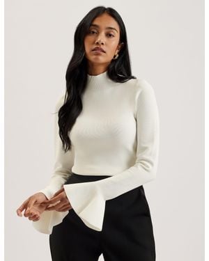 Ted Baker Laynha Flared Sleeve High Neck Ribbed Knitted Top Long Sleeve Xs Casual Knitwear Pullover Jumpers Tops - Natural