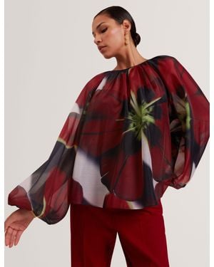 Ted Baker Elaia Bloom Organza Balloon Sleeve Blouse - Red