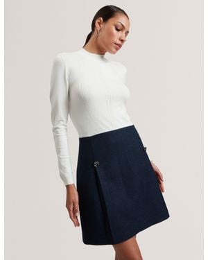 Ted Baker Floxam Long Sleeve Knit Top Boucle Mini Dress - White