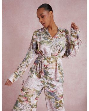 Ted Baker Wiinni Lilypad Print Tie Detail Long Sleeve Blouse - Pink