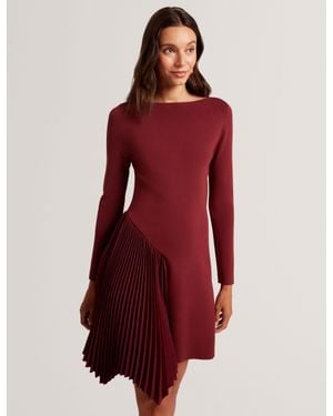 Ted Baker Nalree Pleated Panel Long Sleeve Knit Mini Dress - Red
