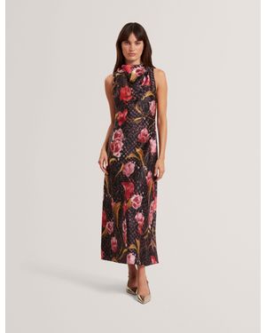 Ted Baker Twilli Floral Check Cowl Neck Satin Midi Dress - Black