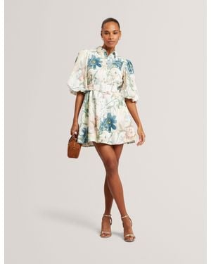 Ted Baker Olliiv Soft Blooms Puff Sleeve Mini Shirt Dress - Natural