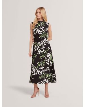 Ted Baker Neevv Foliage Print Pleated Midi Dress - Black