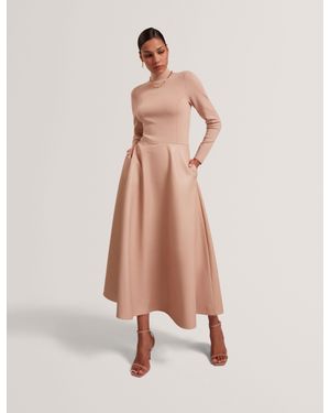 Ted Baker Allmie High Neck Knit & Faux Leather Midi Dress - Natural