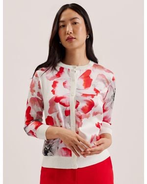 Ted Baker Floral Printed 3/4 Sleeve Cardigan Cotton Linen Blend Knit Button Up Casual Summer - Red