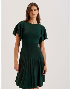 Ted Baker Knitted Mini Dress With Angel Sleeves Pleated Skirt Short Sleeve A-Line Party Casual Dress - Green