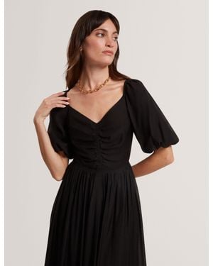 Ted Baker Orlaah Puff Sleeve V-Neck Woven Midi Dress - Black