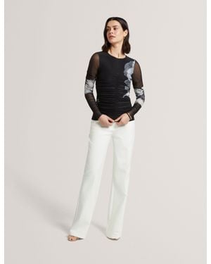 Ted Baker Ikena Dark Floral Ruched Mesh Long Sleeve Top - White