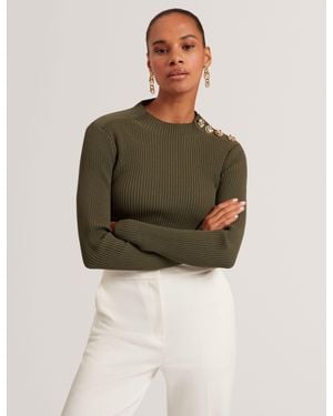Ted Baker Bleana Rose Button Long Sleeve Knit Top - Green
