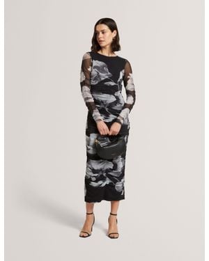 Ted Baker Arietty Dark Floral Ruched Mesh Bodycon Midi Dress - Natural