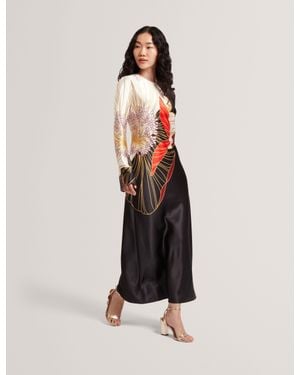 Ted Baker Ziara Floral Graphic Long Sleeve Satin Midi Dress - White