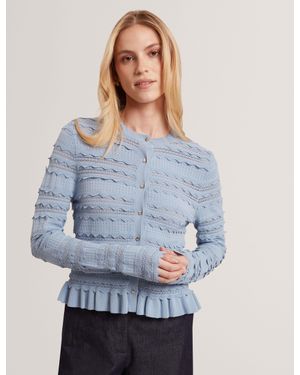 Ted Baker Avria Frilled Hem Knitted Crew Neck Cardigan - Blue