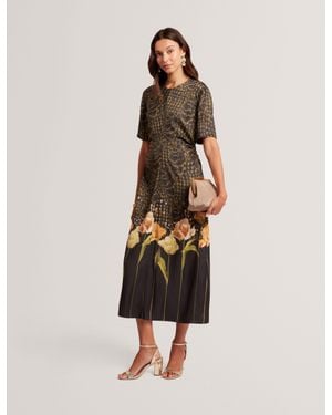 Ted Baker Aevaa Floral Check Gathered Waist Midi Waist - Natural