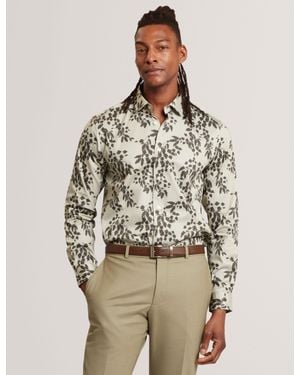 Ted Baker Dornan Foliage Print Cotton Long Sleeve Shirt - Natural