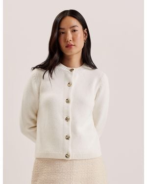 Ted Baker Knit Cardigan With Rose Buttons Cotton/Wool Jumper Casual Long Sleeve Pullover Tops - Natural