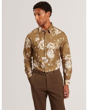 Ted Baker Henlley Cotton Floral Print Shirt - Brown